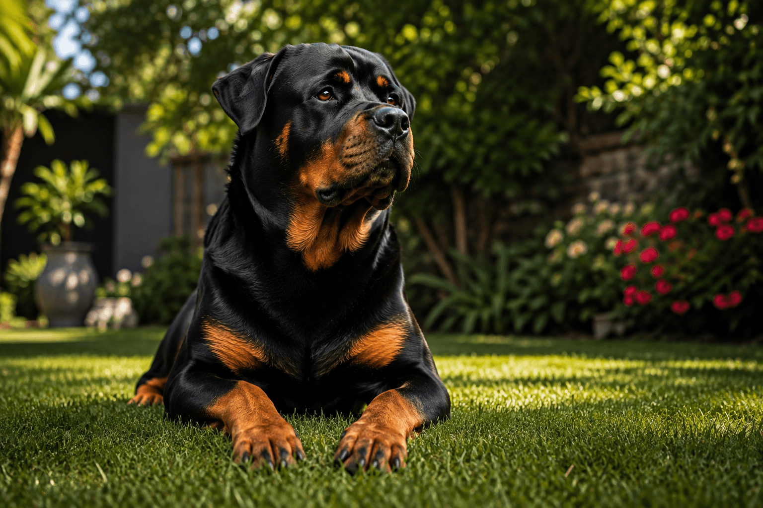 Luna, a Rottweiler, lying on the grass